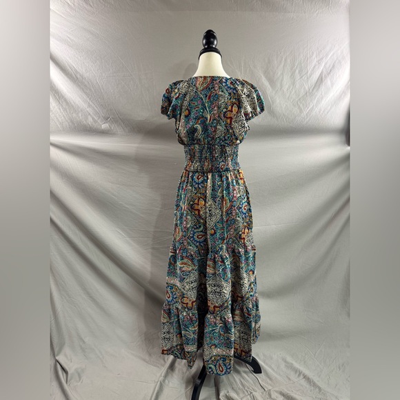 Boho Paisley Shirred Waist Ruffle Hem Maxi Dress Multicolor - Picture 12 of 12